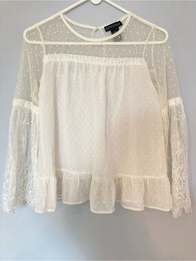 White Swiss Dot Lace Sleeve Peasant Blouse sz XS Design 365